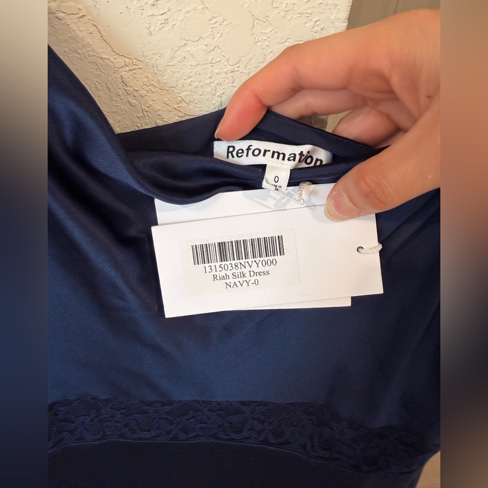 Reformation Riah Silk Dress - Navy (Size 0) (NWT) - MSRP $428 - Picture 4 of 8